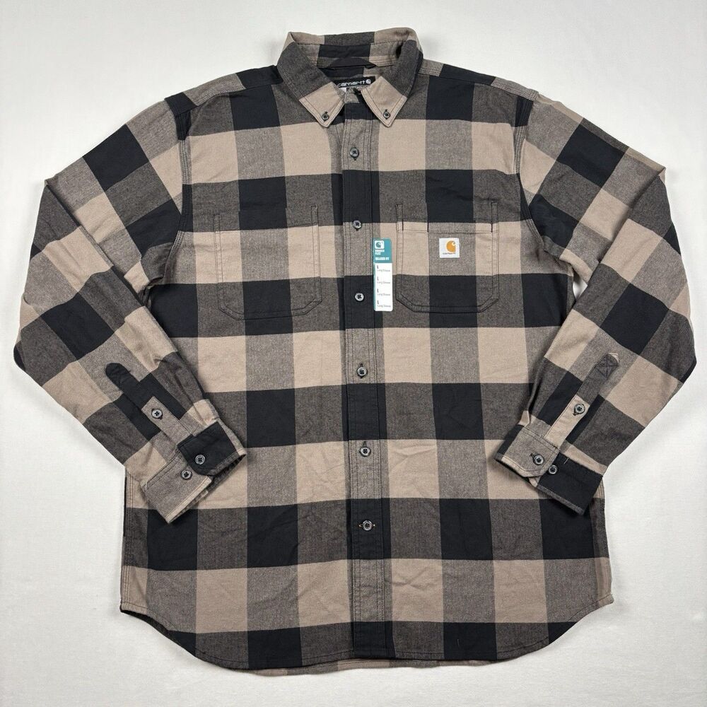 Carhartt Shirt Mens L Relaxed Fit Black Tan Buffalo Plaid Button Up TW4448 Work